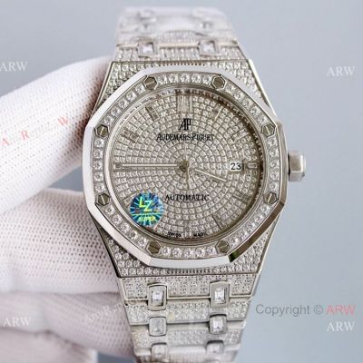 Best 41mm Silver Audemars Piguet Royal Oak Iced Out Replica Watches AP 15400